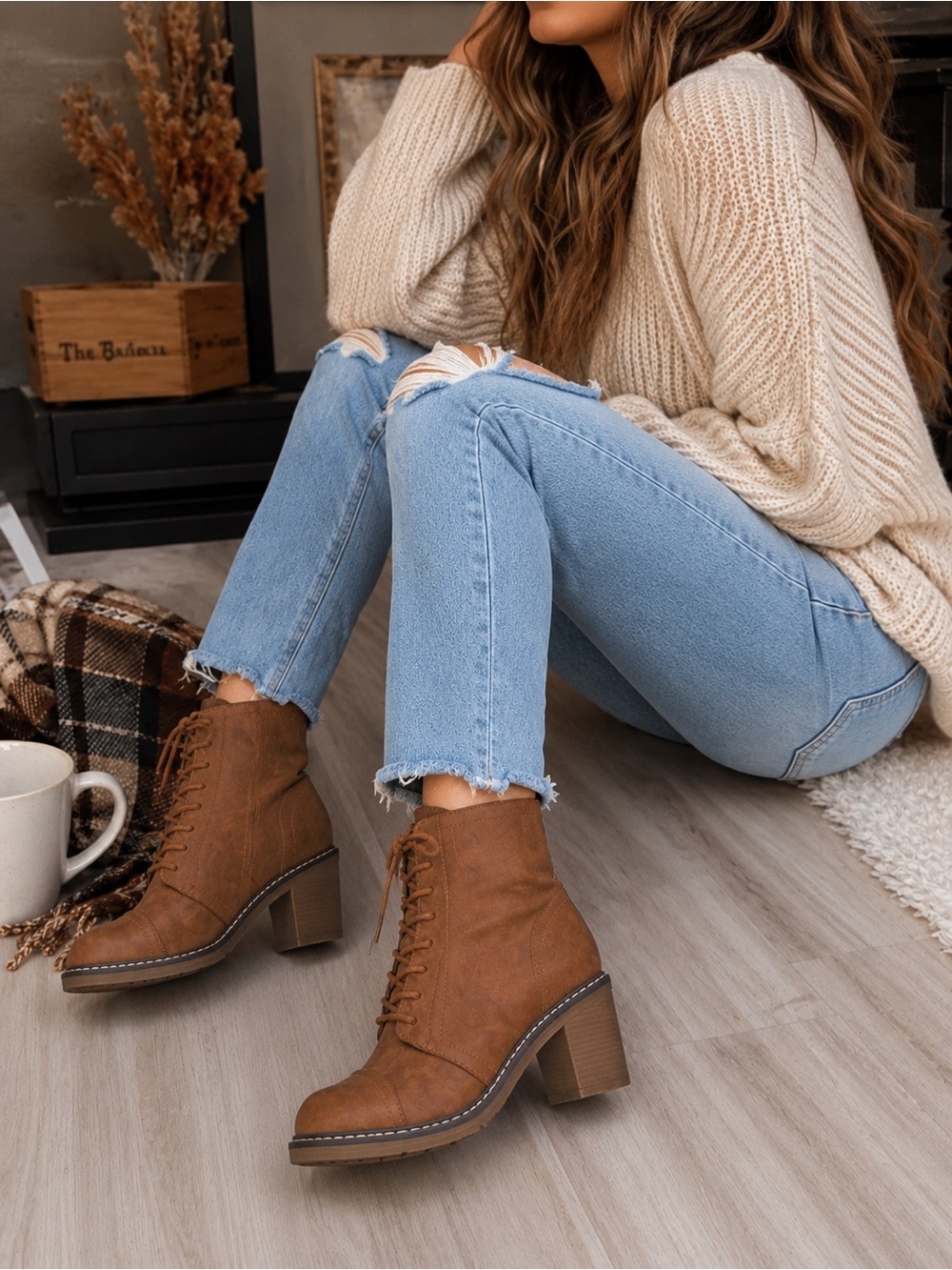 Olivia Miller Lace Up Ankle Booties Tan Brown Chunky Heel Side Zip Size 6